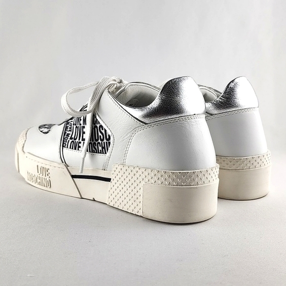 LOVE MOSCHINO Women's White Leather Low Top Trainers Sneakers Logo Fabric Sz 40 - Picture 5 of 16